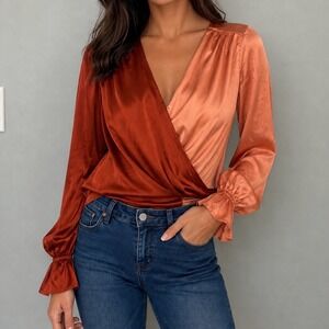 Lida Kate Rust Peach Colorblock Satin Wrap Blouse‎ Womens Size S SY2750